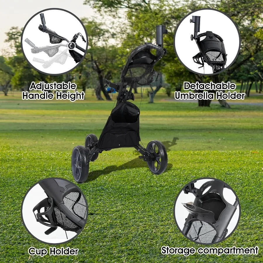 3 Wheel Golf Push Cart : Lightweight Compact Golf Walking Cart with Cooler Flat Fold Golf Trolley with Brake Pull Behind