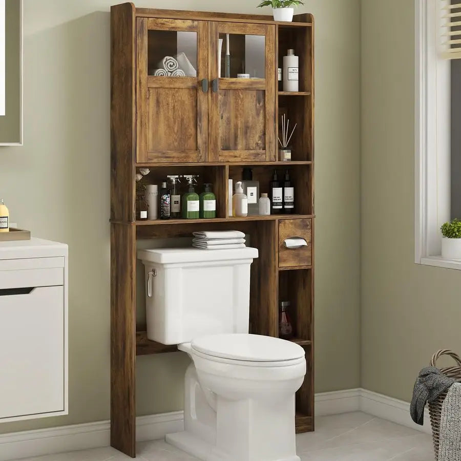 Over The Toilet Storage Cabinet, Bathroom Shelf Over Toilet with Glass Doors and Adjustable Shelves, Brown Freestanding Home Spa