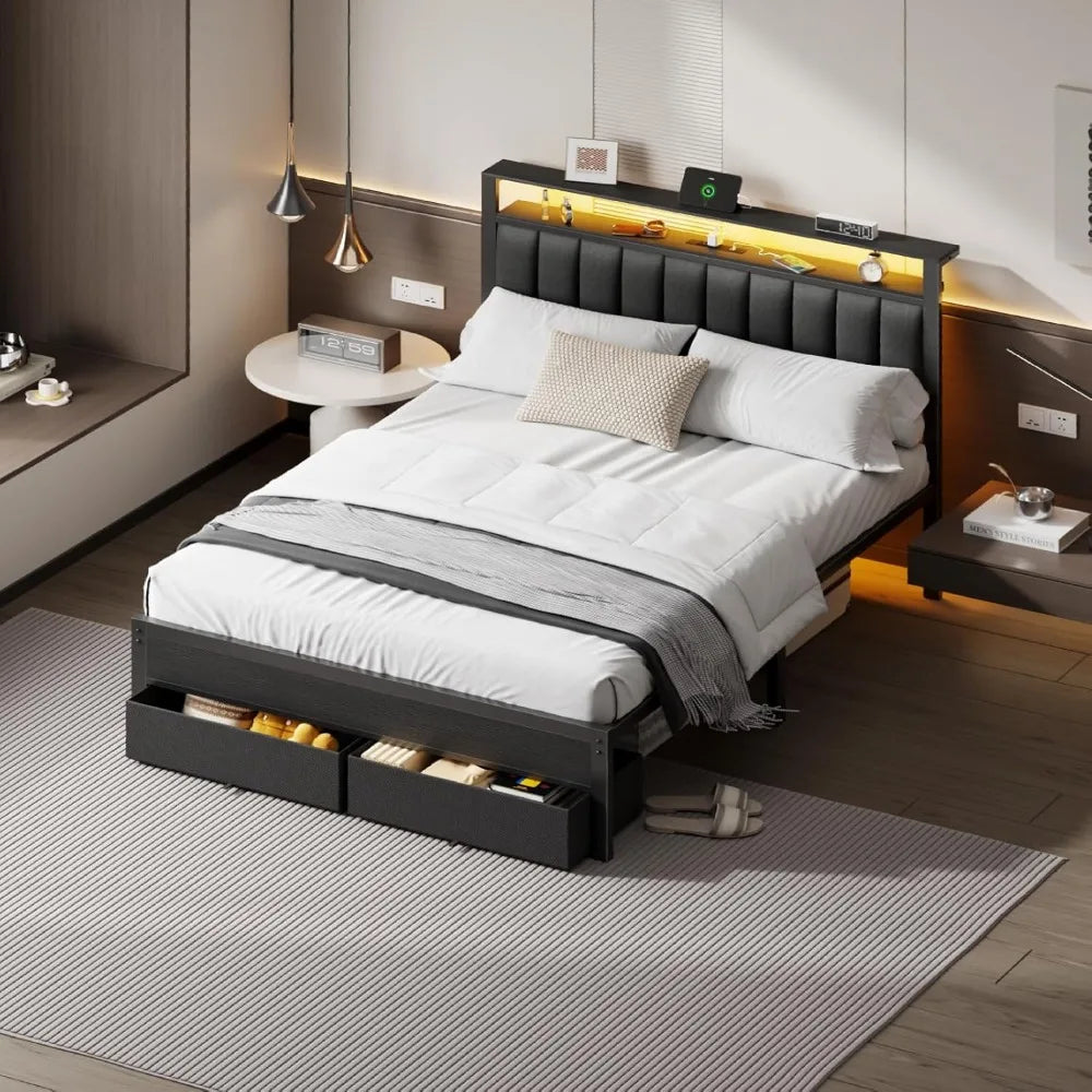 Furnulem Queen Bed Frame with Charging Station and LED Lights, Grey Upholstered Headboard with Shelves, Metal Platform Bed with