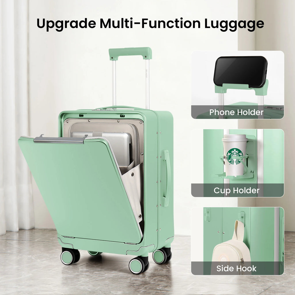 Aluminum Frame Suitcase Front Opening Rolling Travel Luggage Lightweight 20 Inch Carry-On Suitcase with Cup Holder & Side Hooks