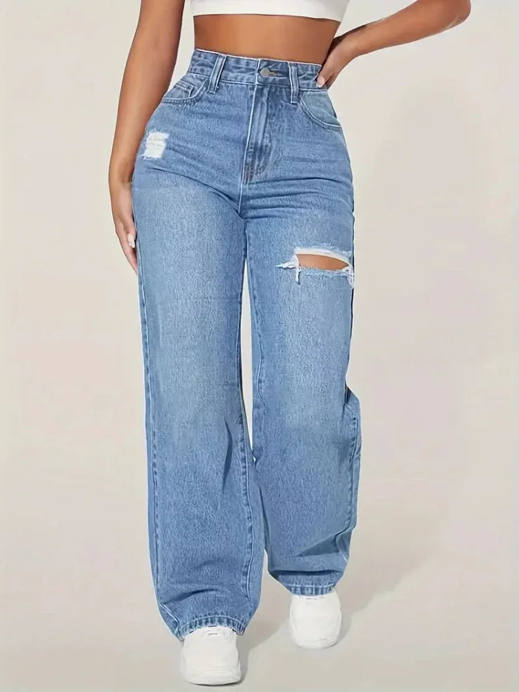 2025 Pants Women's Jeans New Y2K Washed Blue Straight Loose Fit High Waist Hole Trousers Fashion Personality To Do Old Denim