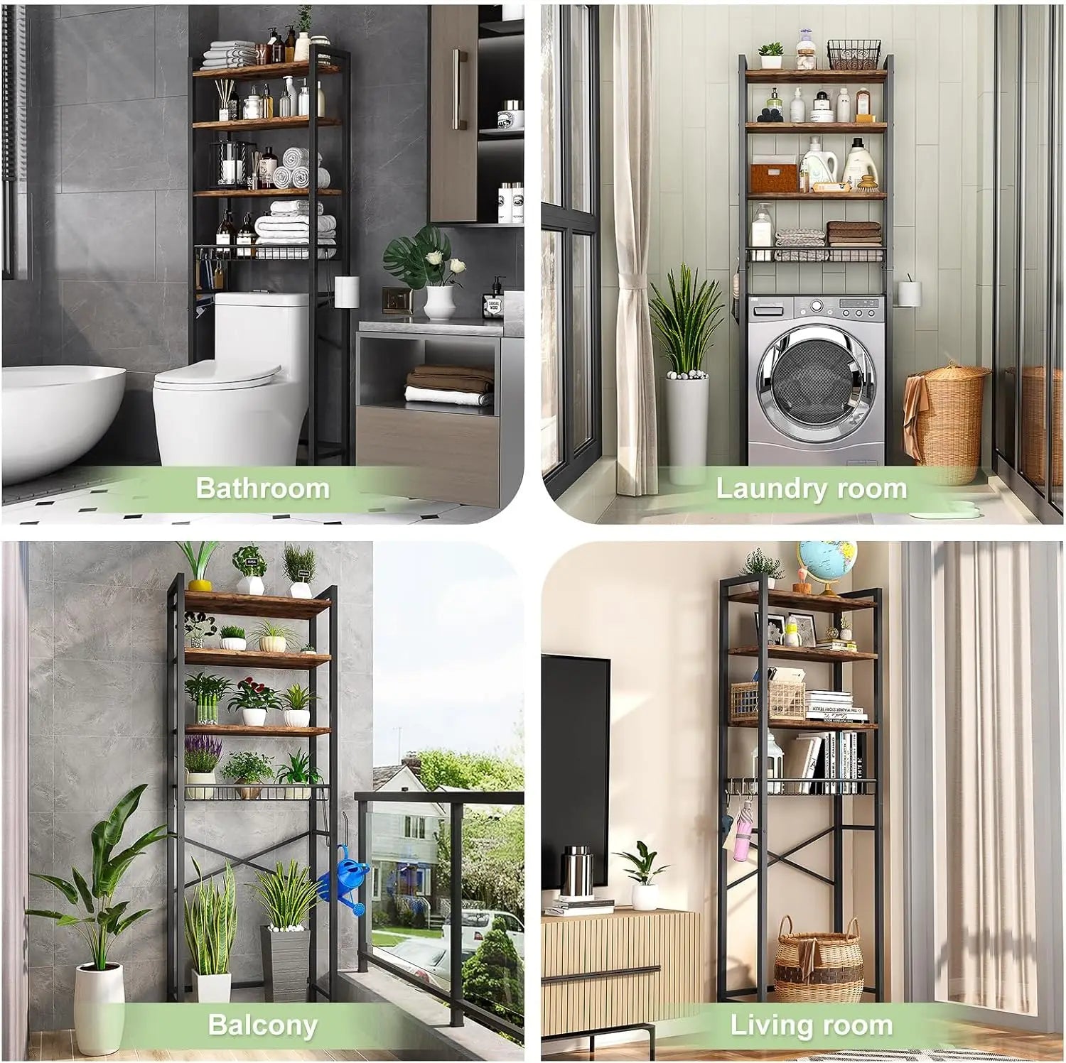 Vintage Brown Over-The-Toilet Storage Rack, 4-Tier Adjustable Shelf with Basket, Freestanding Bathroom Organizer