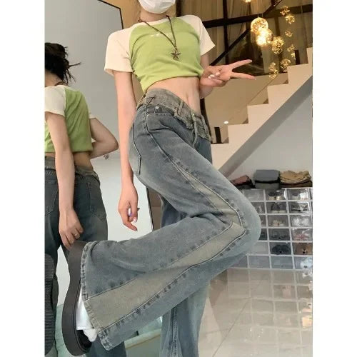 Slimming High Waist Bell Bottom Jeans Women's plus Size Patchwork Design American Retro Style Autumn New Arrival Long Pants