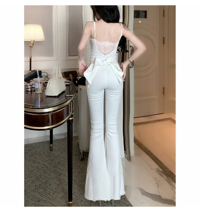 Three-dimensional butterfly jeans with a sense of design, female 2025 summer high waist and slim hip bell bottoms (small)