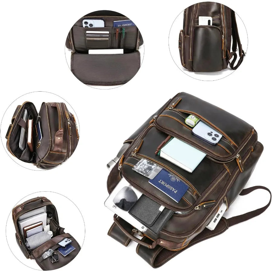 LANNSYNE Vintage Mens Full Grain Leather Backpack Fits 17.3 Inch Laptop Large Casual Rucksack Shoulder Bag For Travel/Camping/H