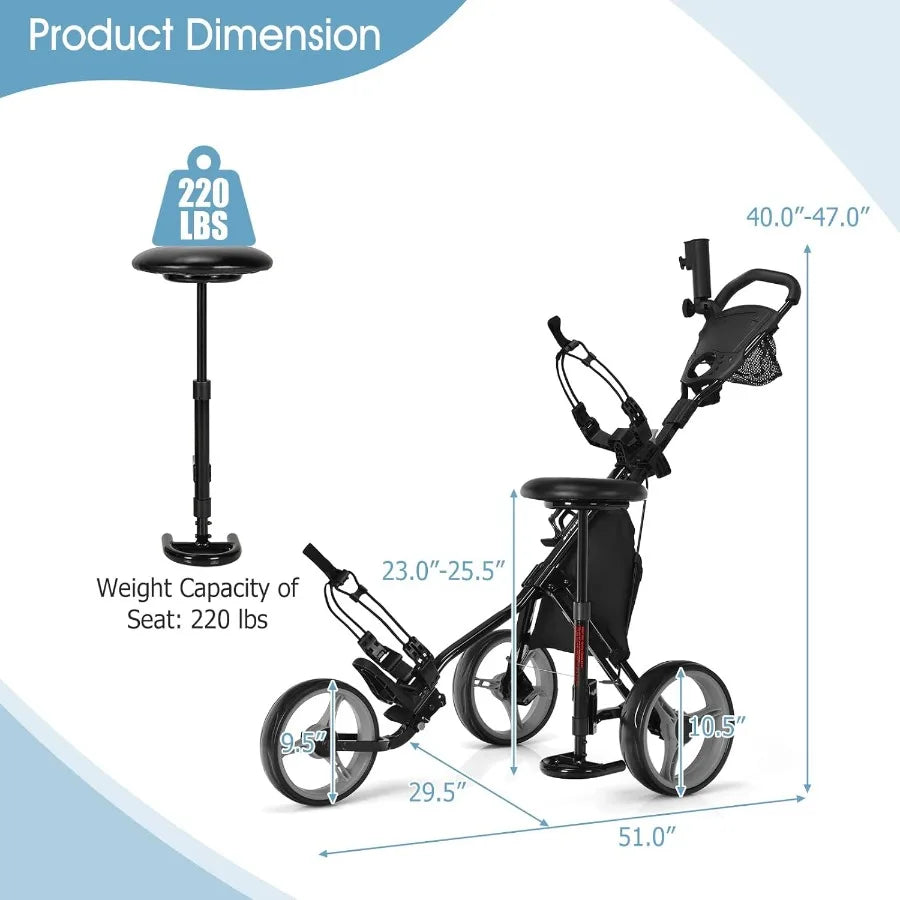 Golf Push Pull Cart with Seat Lightweight Foldable Collapsible 3 Wheels Push Cart Golf Trolley with Foot Brake Adjustable Umbre
