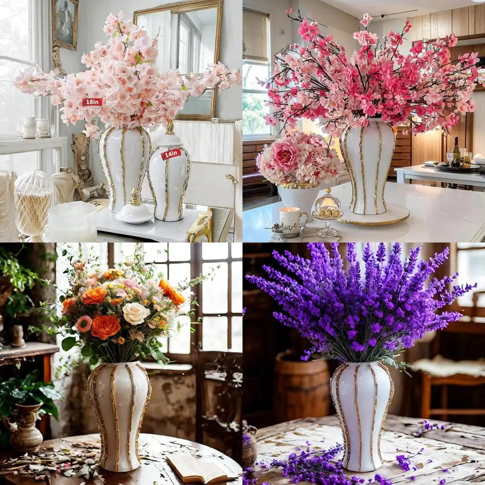 Stylish White and Gold Vases for Elegant Centerpieces, Decorative White Gold Ginger Jars, Large Gold Vases for Kitchen Counterto
