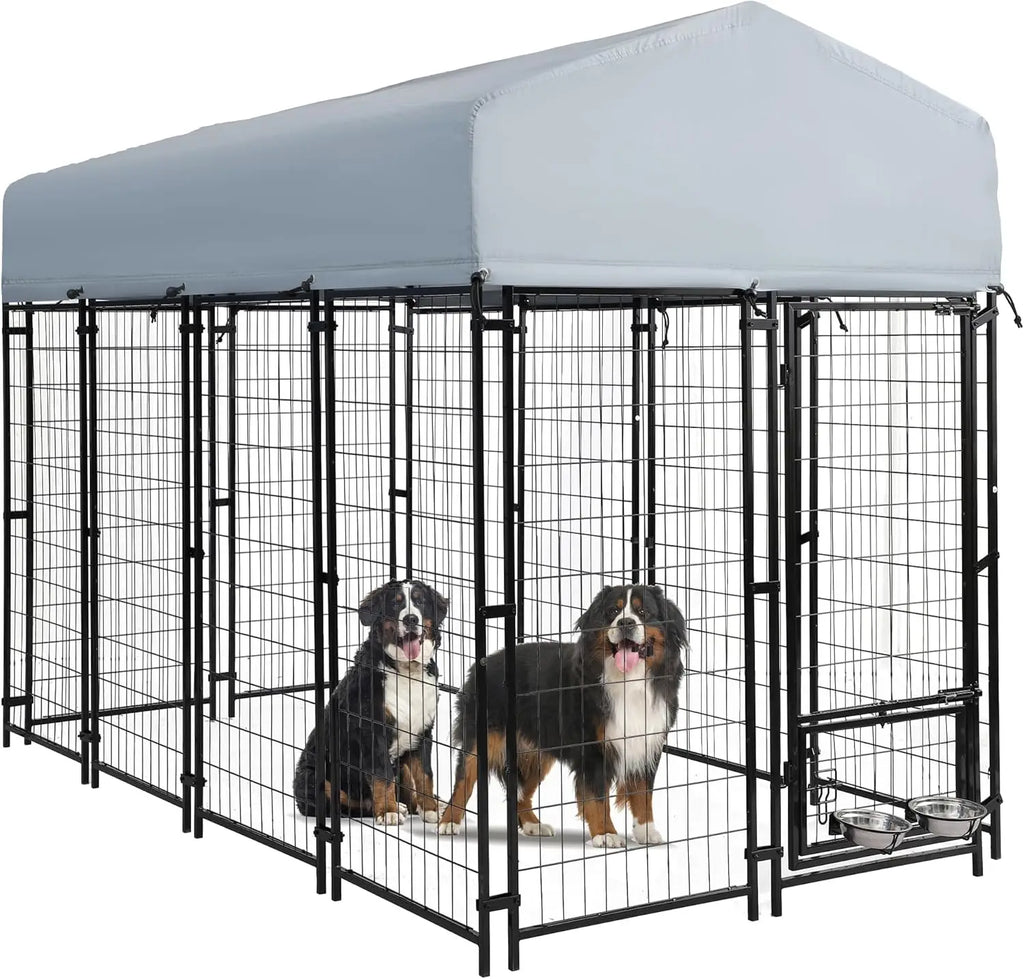 8x4x6 FT Outside Large Dog Kennel with roof - Outdoor Heavy Duty Welded Wire Steel Dog Playpen with Rotating Bowls, Dog Run