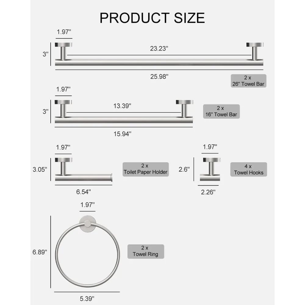 Stainless Steel Bathroom Hardware Accessory Set - 12 Piece Brushed Nickel Towel Holder and Rack Combo for Modern Bath Design