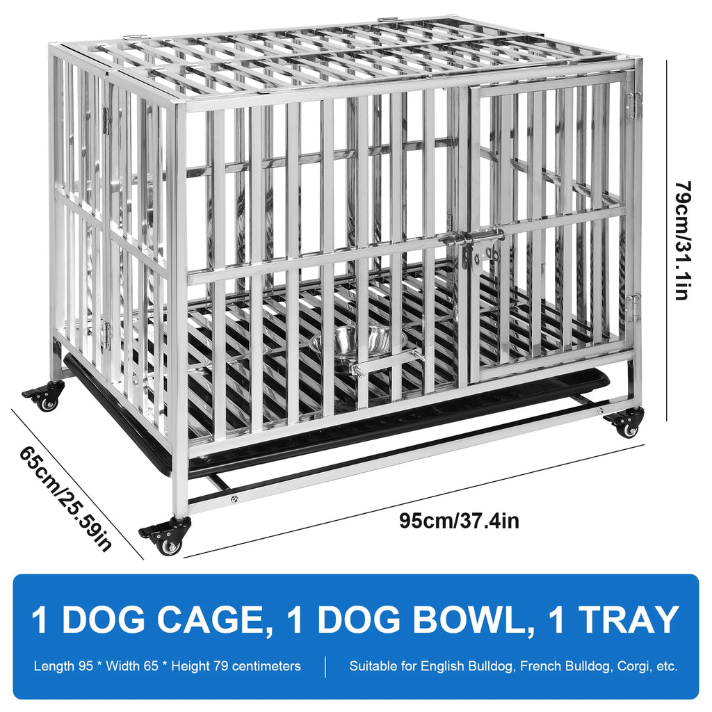 37 Inch Steel Tube Wire Drop Dog Crates with Tray Feeding Bowl Dog Crate Cage Kennel for High-Anxiety and Extra Large Dogs