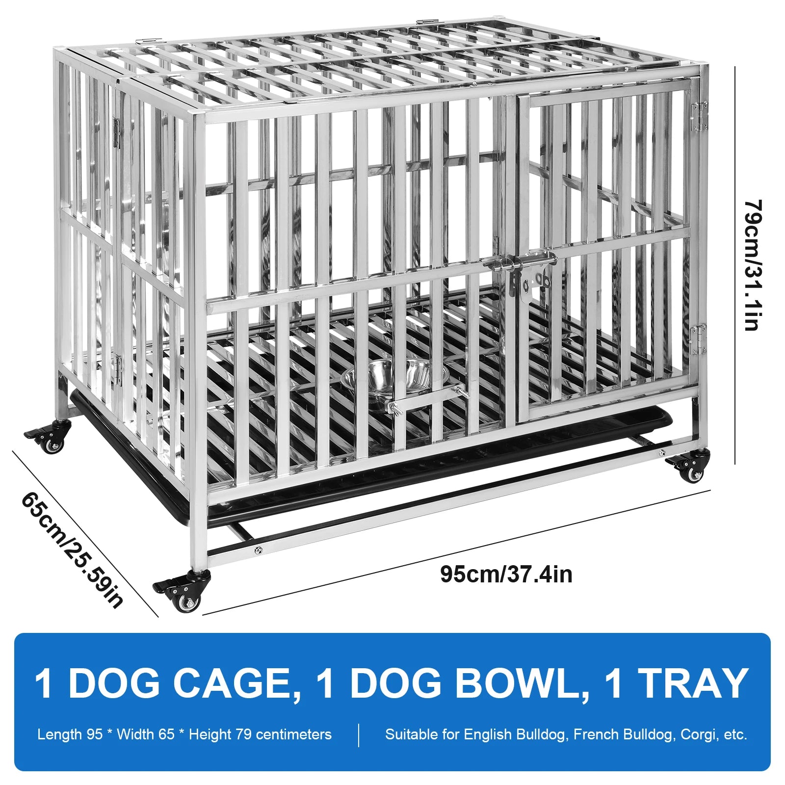 37 Inch Steel Tube Wire Drop Dog Crates with Tray Feeding Bowl Dog Crate Cage Kennel for High-Anxiety and Extra Large Dogs