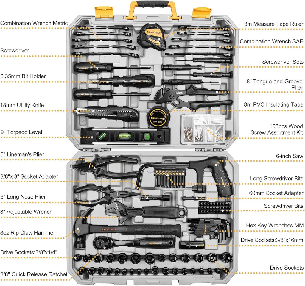 DEKO 218-Piece General Household Hand Tool kit, Professional Auto Repair Tool Set for Homeowner, General Household Hand Tool