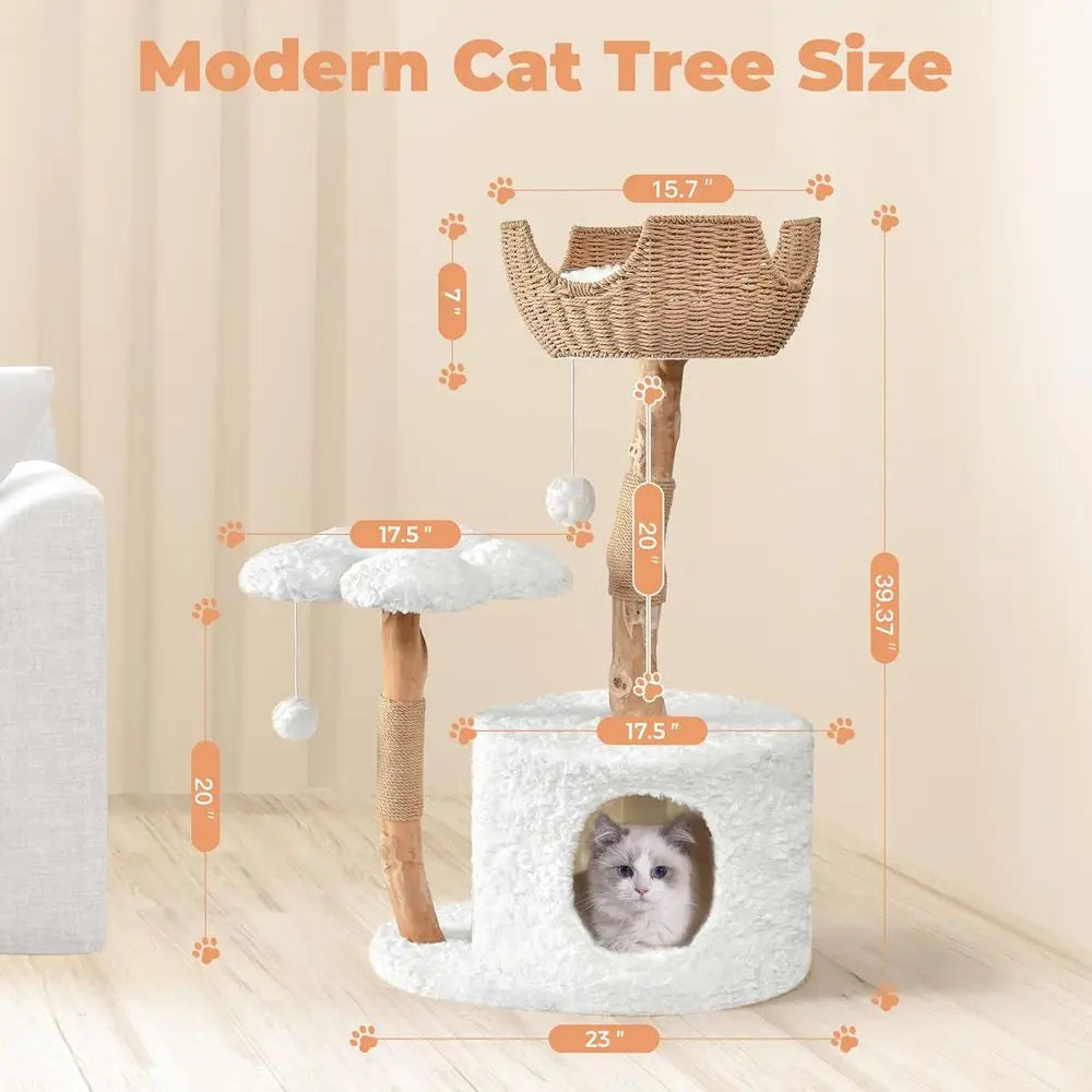 Luxury Wooden Cat Tower with Scratching Posts and Flower Platforms for Large Cats, Rabbit Hair White