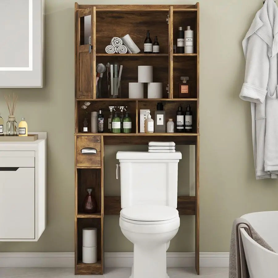 Over The Toilet Storage Cabinet, Bathroom Shelf Over Toilet with Glass Doors and Adjustable Shelves, Brown Freestanding Home Spa