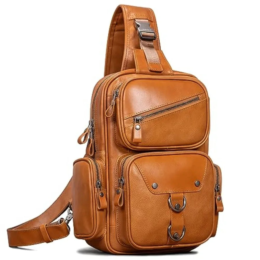 Genuine Leather Sling Bag for Men Large Crossbody Shoulder Bag Casual Sling Backpack Anti-Theft Travel Chest Purse