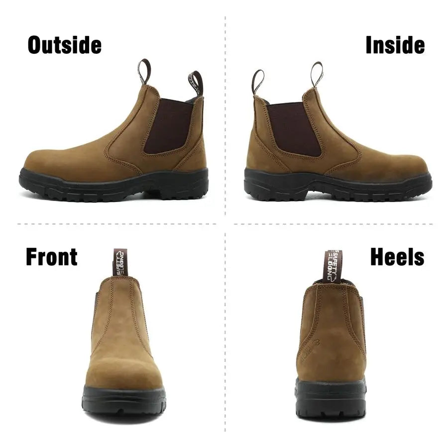 on Work Boots for Men Women Composite Toe Comfort Leather Abrasion Puncture Slip Resistant Sole Safety Chelsea