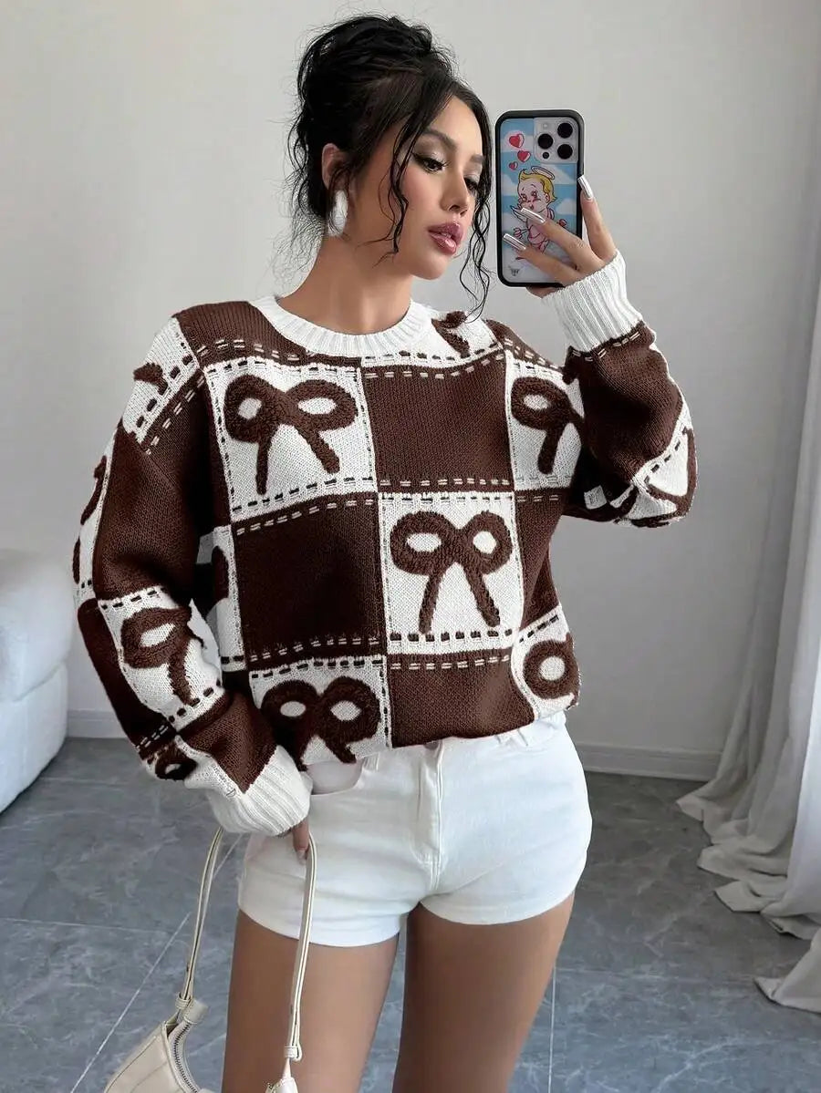 Pink & White Checkered 3D Bow Knit Pullover Sweater, Round Neck, Fall Winter Casual Style
