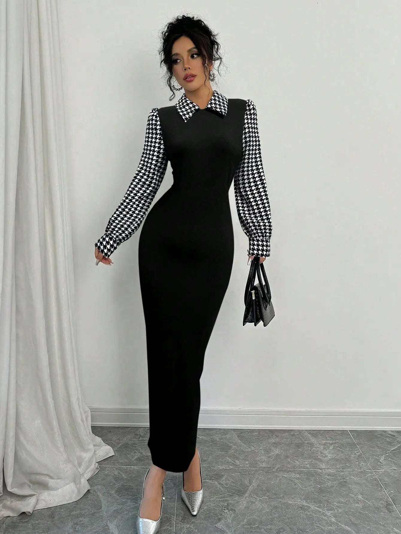 Fish Tail Dress With Peter Pan Collar, Color Blocking Houndstooth & Puff Sleeves Maxi Women Outfit Fall Cloth For Women
