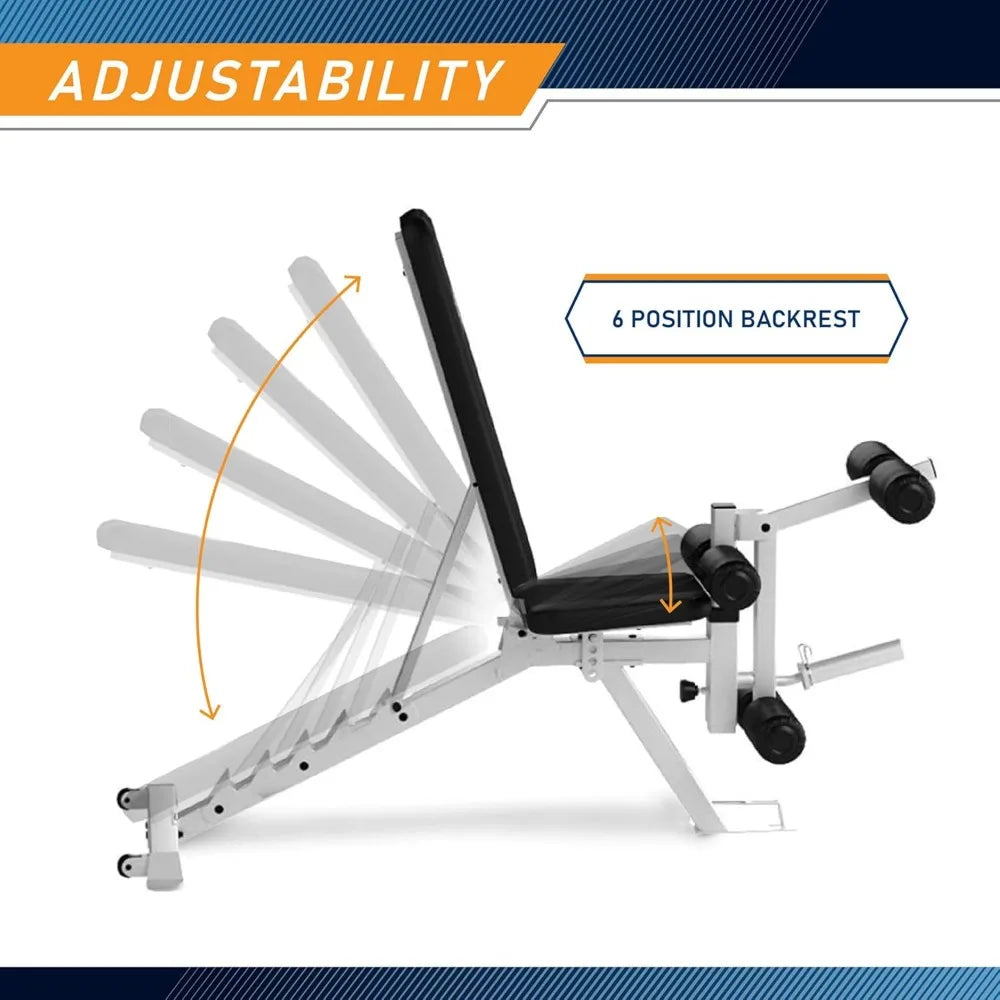 Adjustable weight bench with leg developer, supine board suitable for home gym workouts
