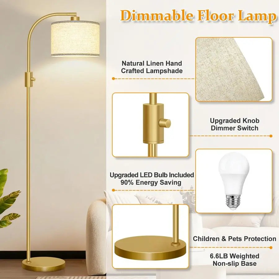 Upgraded Modern Arc Dimmable Tall Standing Floor Lamp with Linen Shade, 1200 Lumens LED Bulb Included, for Living amp Reading Ro