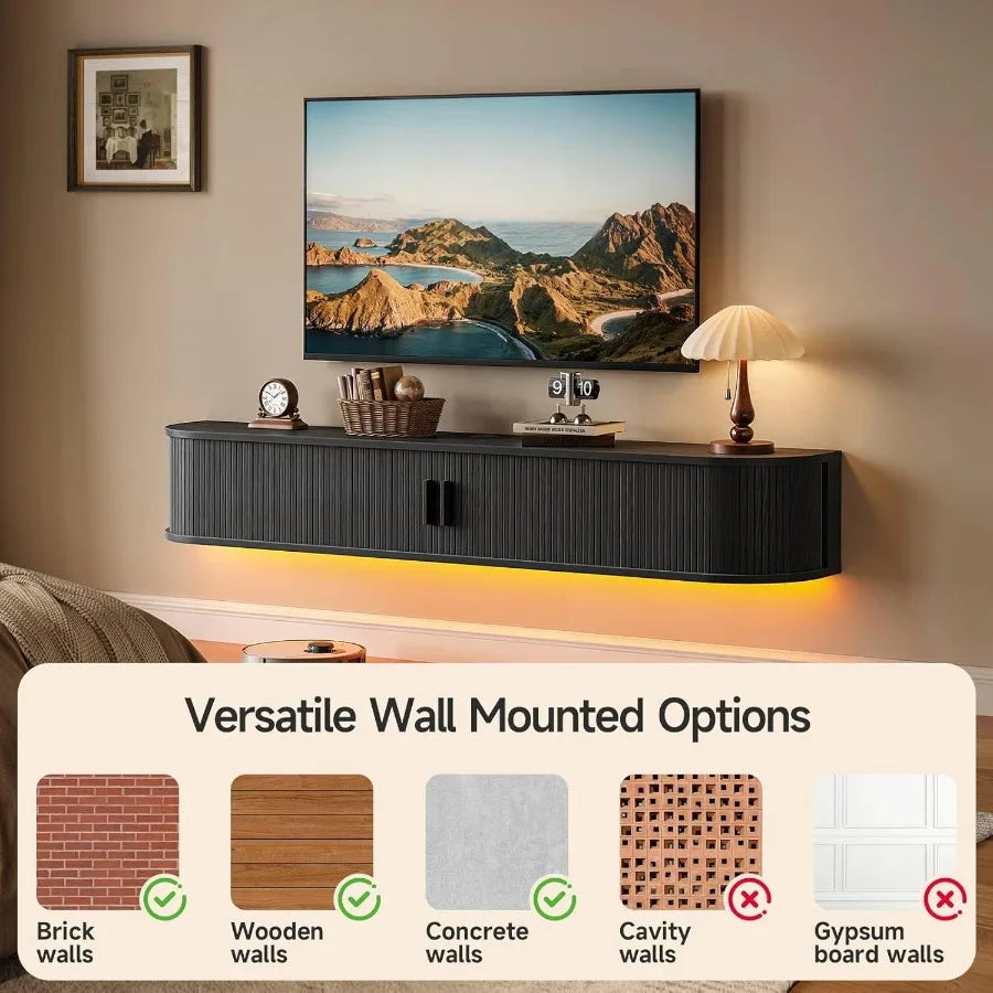 63 Floating TV Stand with Power Outlet for TVs up to 75 Fluted Entertainment Center with Remote Control LED Lights Mid-Century