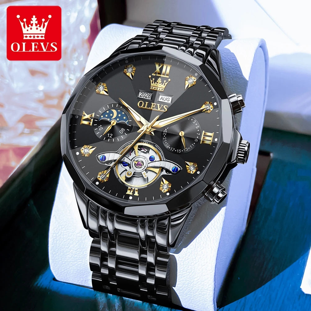 OLEVS Automatic Mechanical Mens Watch Business Wristwatch Waterproof Date Watches Moon Phase Watch for Men Luxury Brand Watch 66