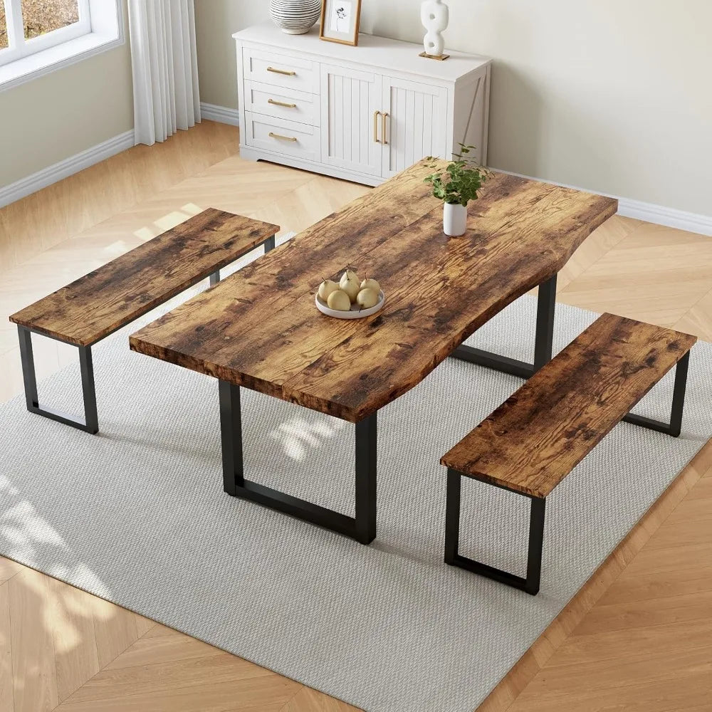 63" Modern Dining Table Set with 2 Benches for 4-6 Persons, Thickened MDF Wooden Kitchen Table and Chairs
