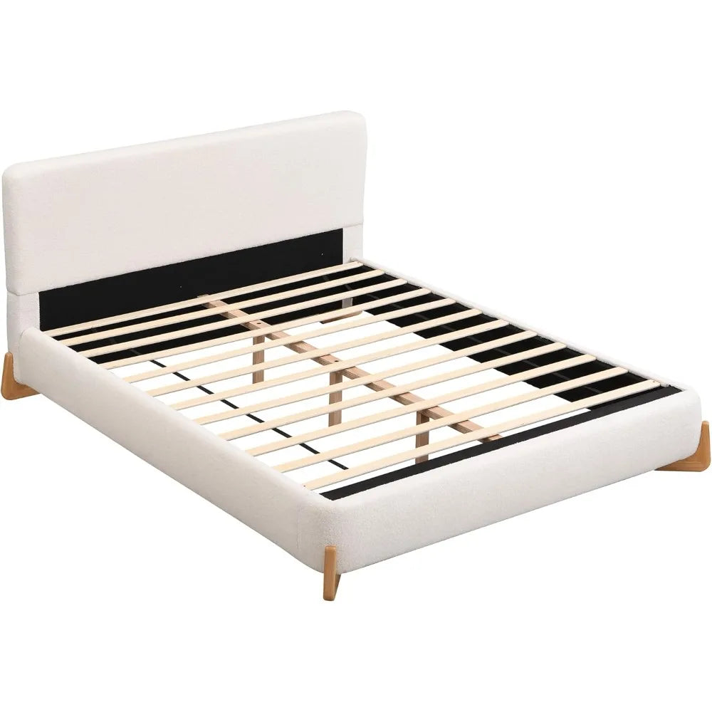 Merax King Bed Frame and Headboard, Boucle Upholstered Bed Platform Bedframe, No Box Spring Required, Noise Free, White
