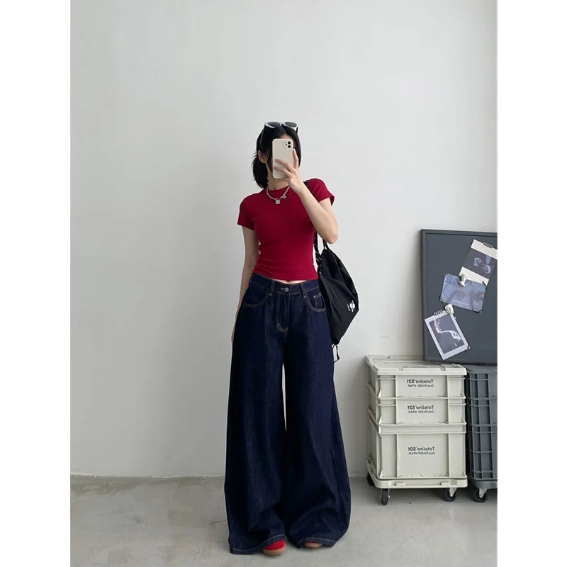 Blue Womens Jeans High Waist Vintage Straight Summer Y2K Classic Denim Pants Streetwear American Wide Leg Baggy Denim Trouser