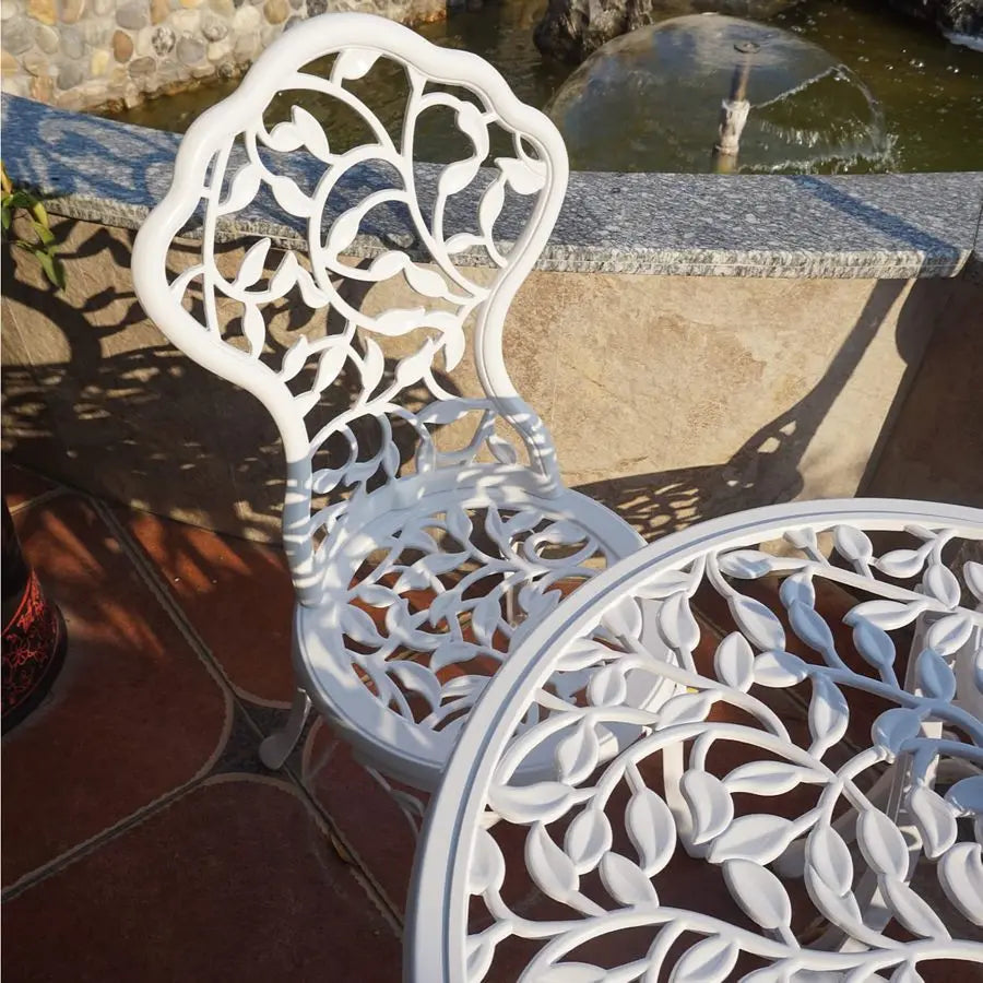 Patio Bistro Sets 3 Piece cast Aluminum Patio Furniture Outdoor Garden Metal Rust Proof Tables and Chairs White bisrto Set Leaf