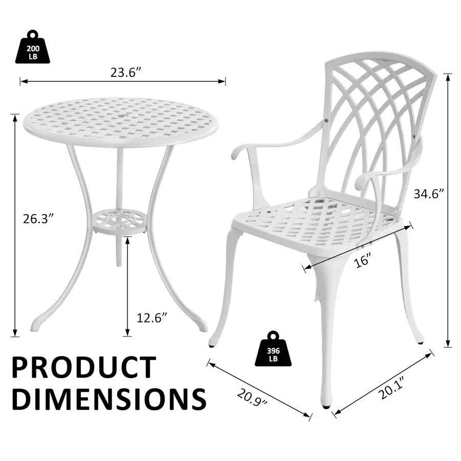Bistro Table and Chairs Set of 2, Cast Aluminum White Bistro Set Outdoor, Patio Bistro Sets with Umbrella Hole, Round Back Yard