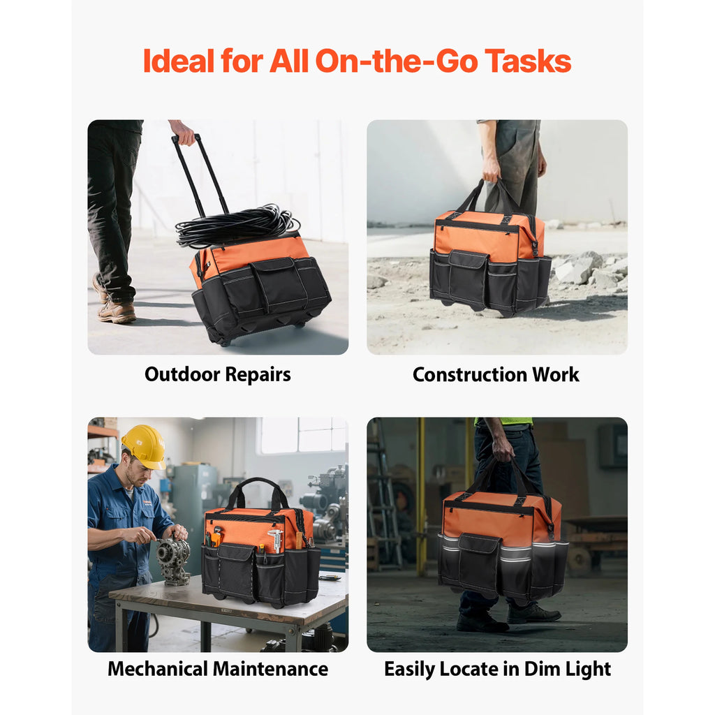 SucceBuy 110 lbs Rolling Tool Bag 27 Pockets Roller Tool Bag on Wheels with Adjustable Telescoping Handle for Construction Tools