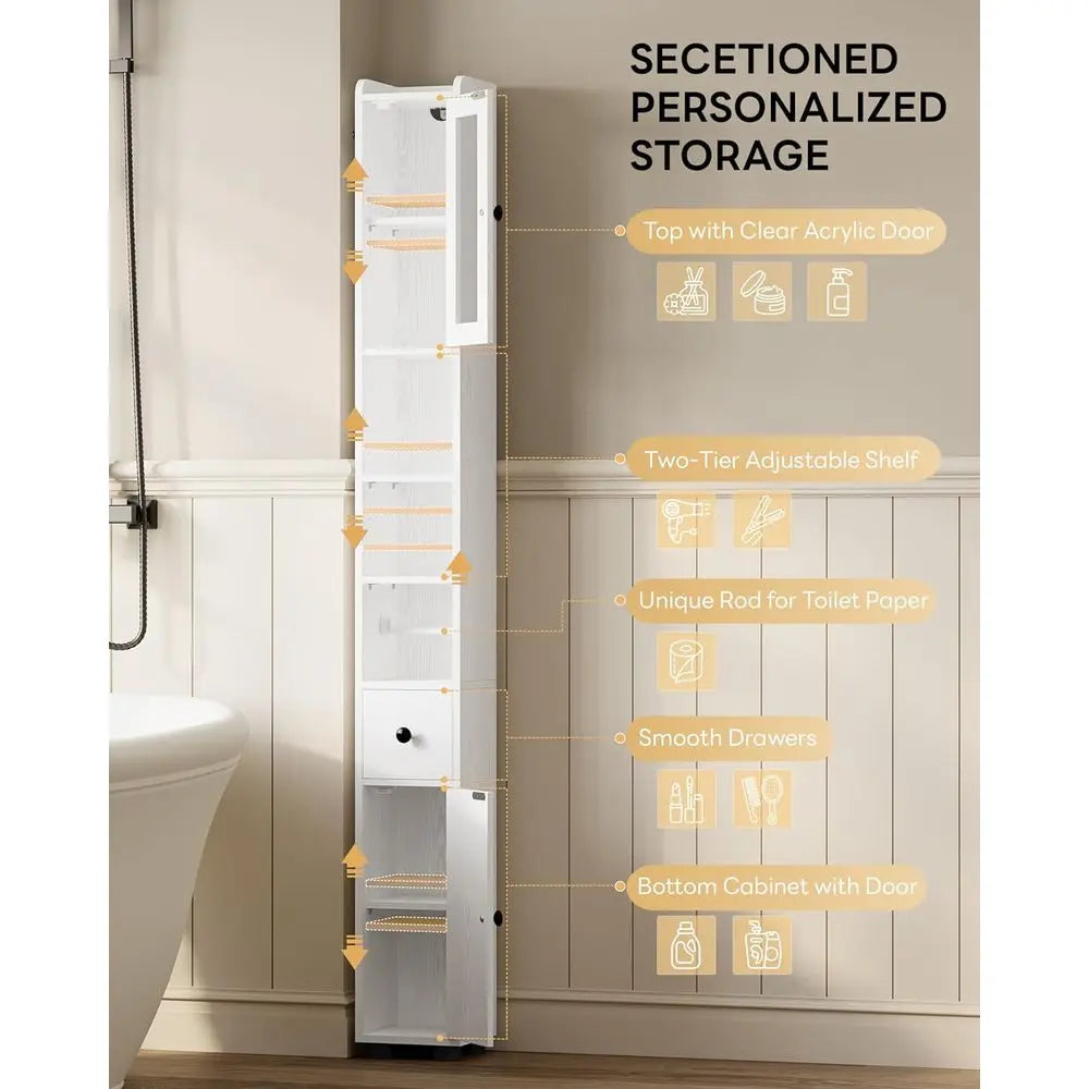 71" Tall Bathroom Storage Cabinet, Narrow Storage Cabinet with Adjustable Shelves, Toilet Paper Rod and 2 Hooks, Freestanding Sl