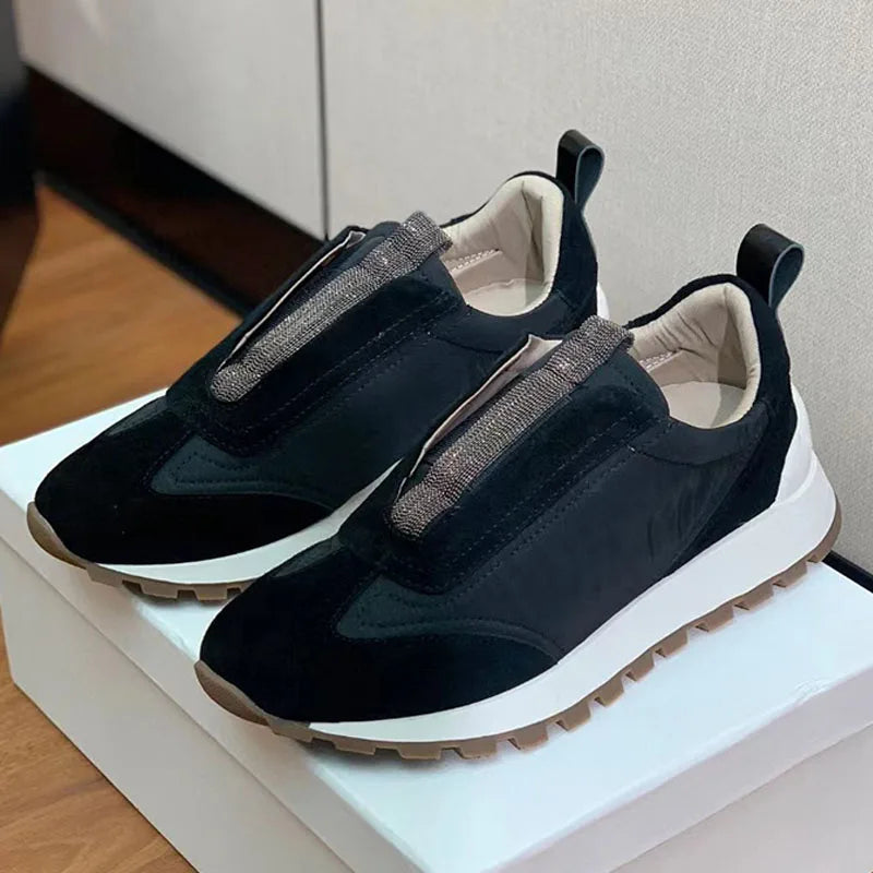 Spring Autumn Sneakers Women Lace Up Round Toe Flat Shoes Lady Suede Leather Patchwork Casual Comfort Outdoor Sports Shoes Woman