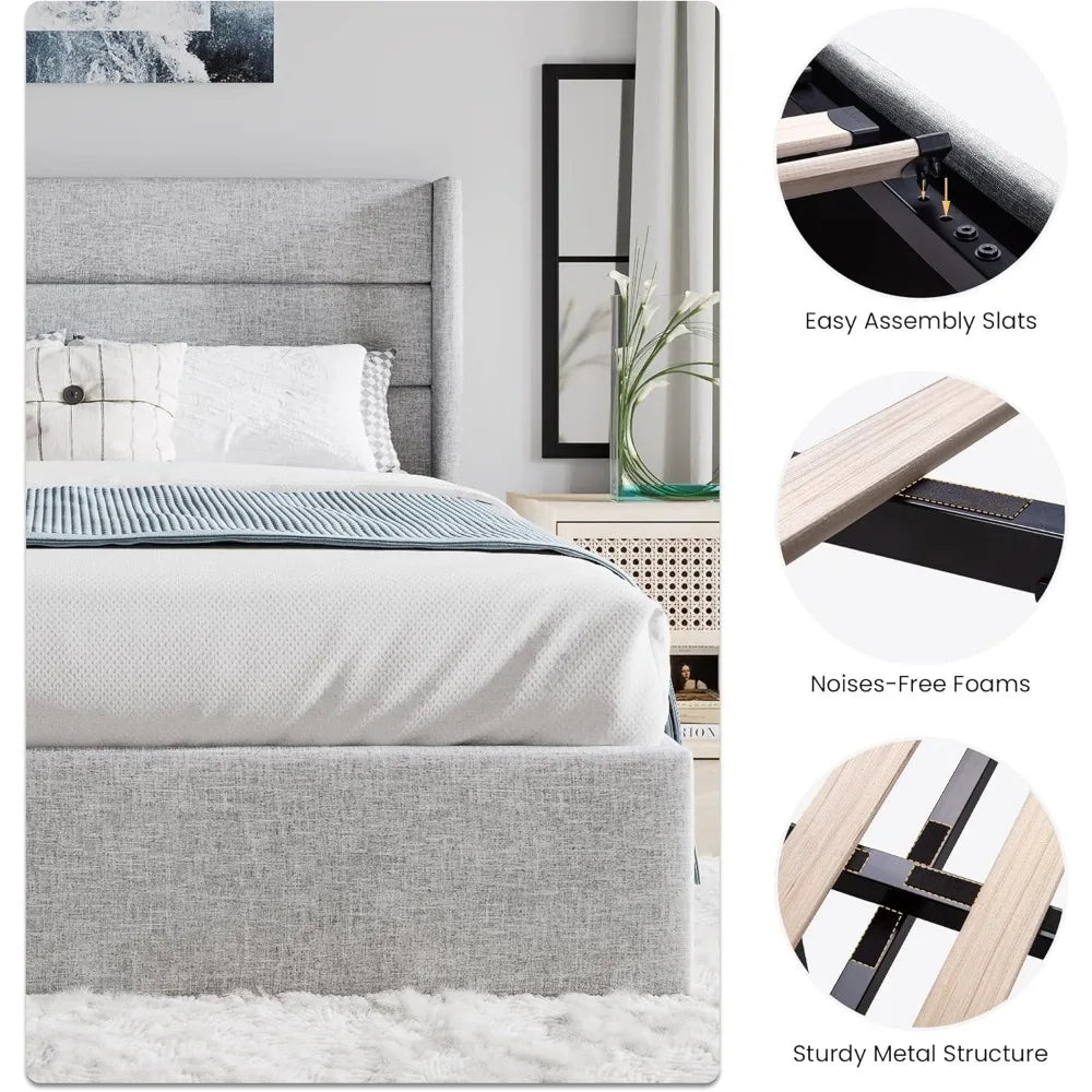 SHA CERLIN Full Size Lift Up Storage Bed/Modern Wingback Headboard/Upholstered Platform Bed Frame/Hydraulic Storage/No Box Sprin