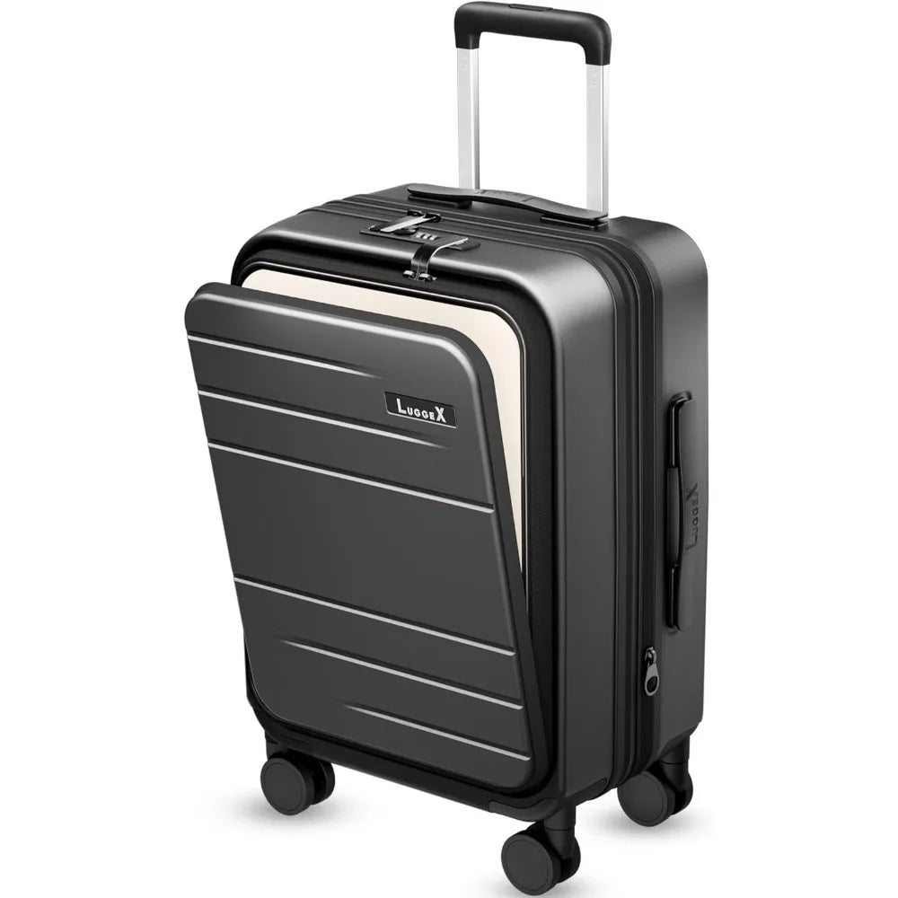 LUGGEX 22x14x9 Inch Expandable Polycarbonate Carry-On Suitcase with Front Pocket - FX-Core Black, 20 Inch