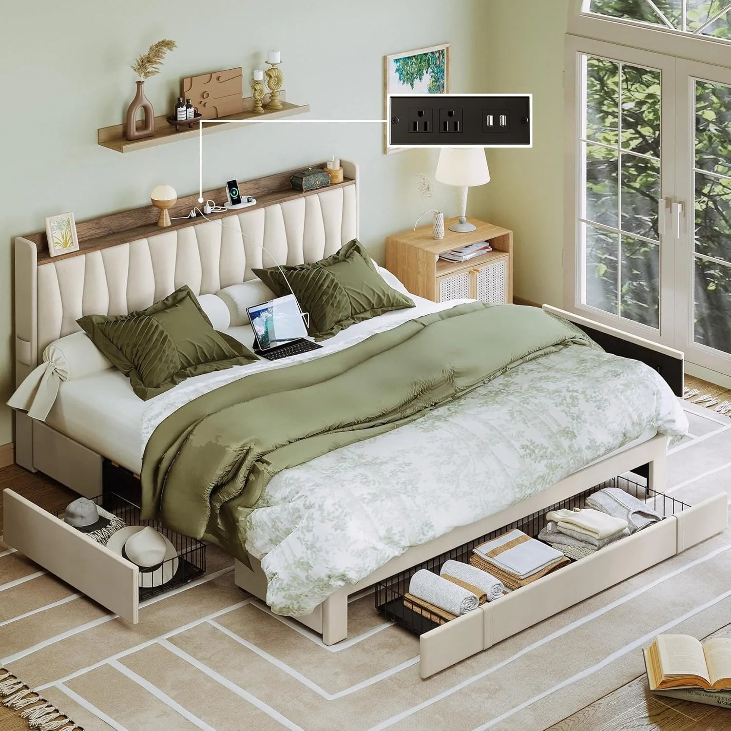 Extra large bed frame with storage headboard and charging station, cushioned platform bed with 3 drawers, beige color