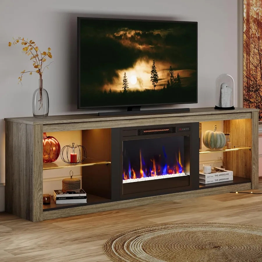 Bestier 70 Inch Fireplace TV Stand for TVs up to 75 inches featuring a 23 inch Electric Fireplace Media Console Table with Glas