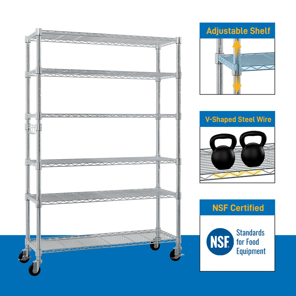 6-Tier Adjustable Metal Shelf with Wheels, Freely Adjustable Spacing, Home Storage Rack for Garage, Living Room, Bedroom