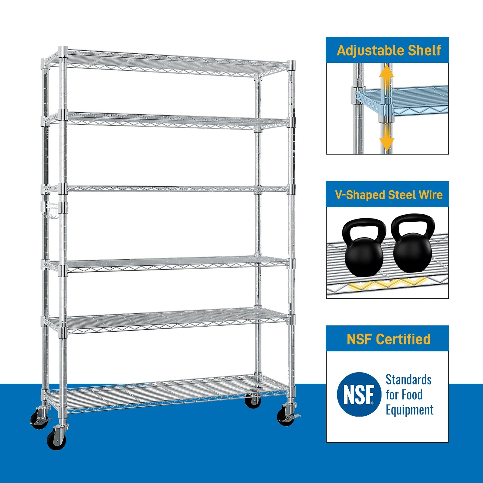 6-Tier Adjustable Metal Shelf with Wheels, Freely Adjustable Spacing, Home Storage Rack for Garage, Living Room, Bedroom