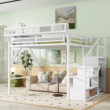 Queen Size Loft Bed with Stairs and Storage, Metal Loft Bed Frame with Bedside Shelf and Large Under-Bed Space, Heavy-Duty Beds