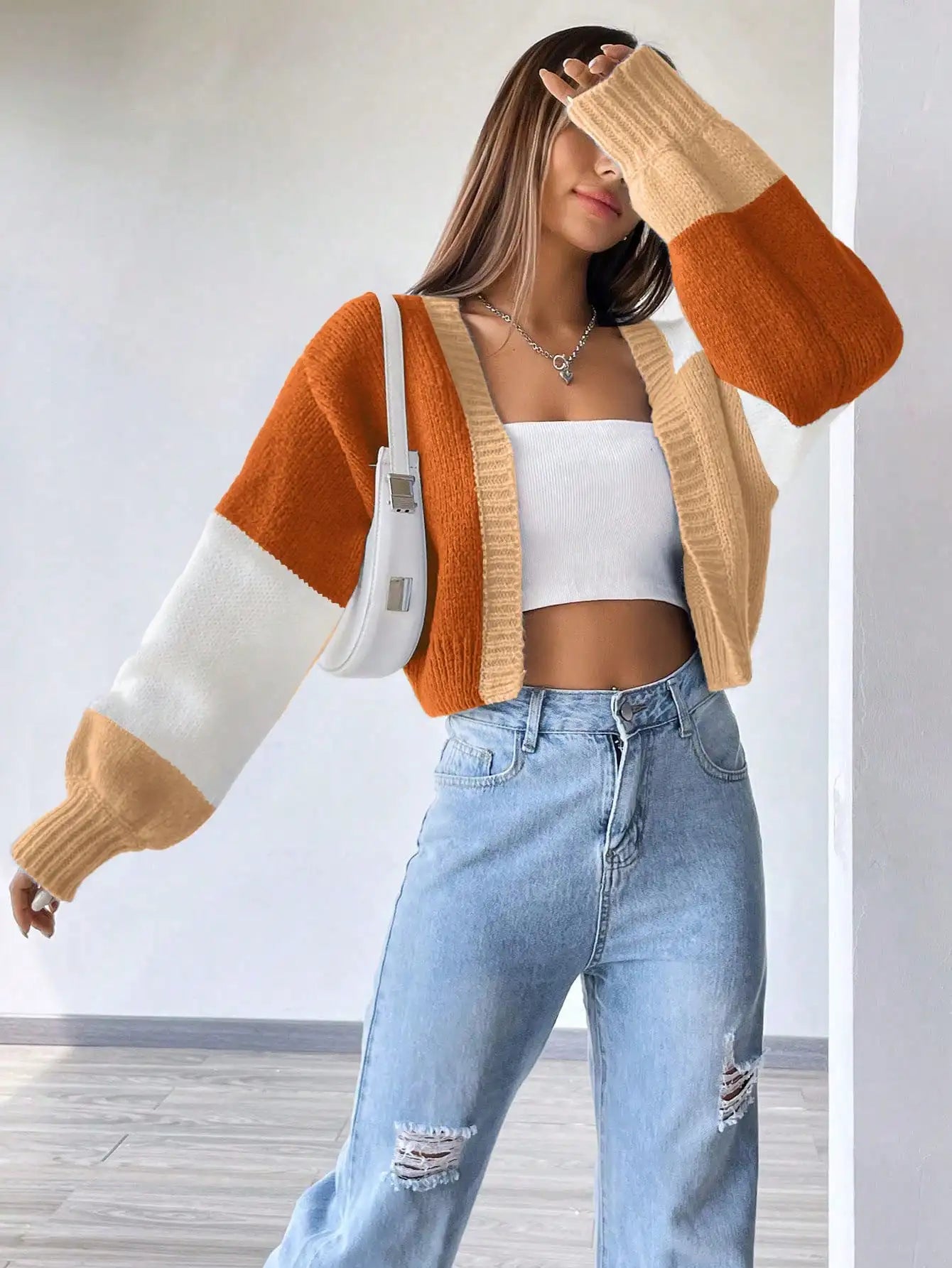 Color Block Drop Shoulder Knit Cardigan for Women, Long Sleeve Fall Winter Casual Top