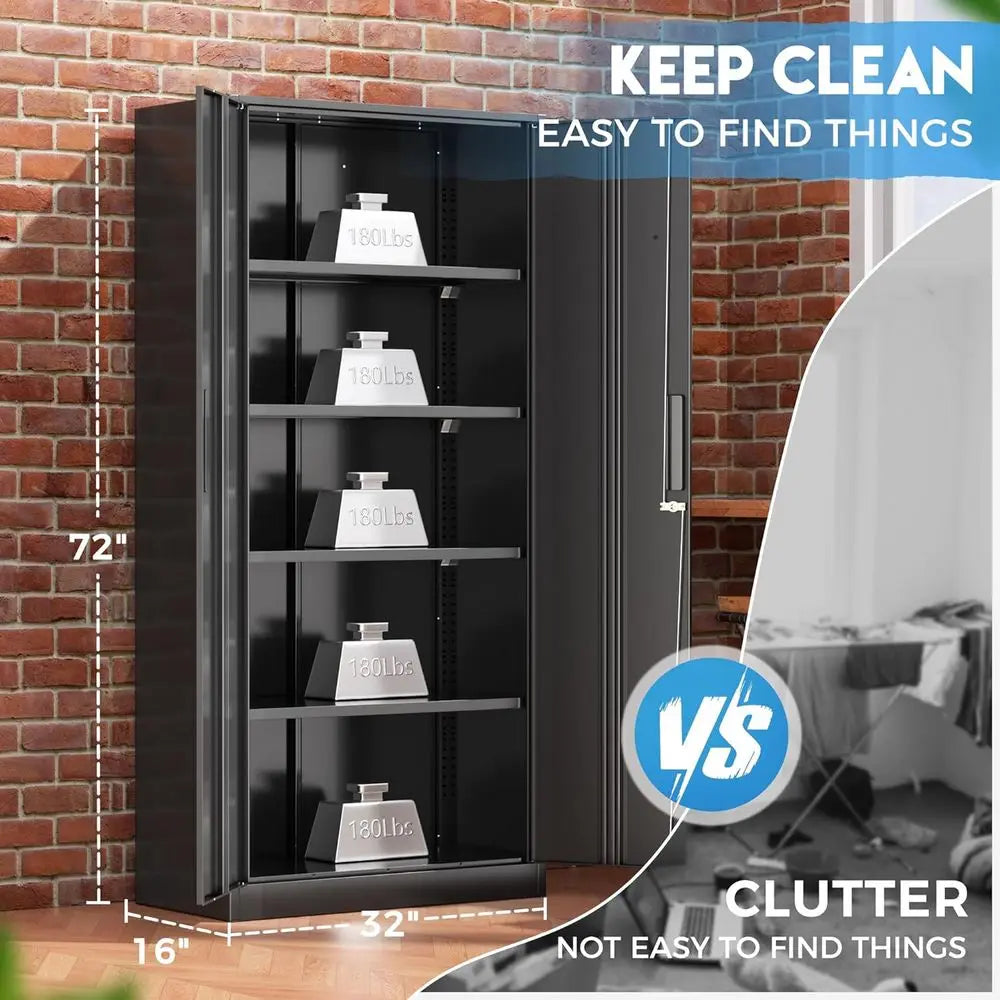 72 Tall Black Metal Lockable Storage Cabinet with Doors and Shelves for Garage, Home, or Office