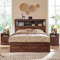 Queen Size Wood Bed Frame Farmhouse with 52" Tall Storage Bookcase Headboard, LED Light,Charging Station,4 Drawers and Solid Woo
