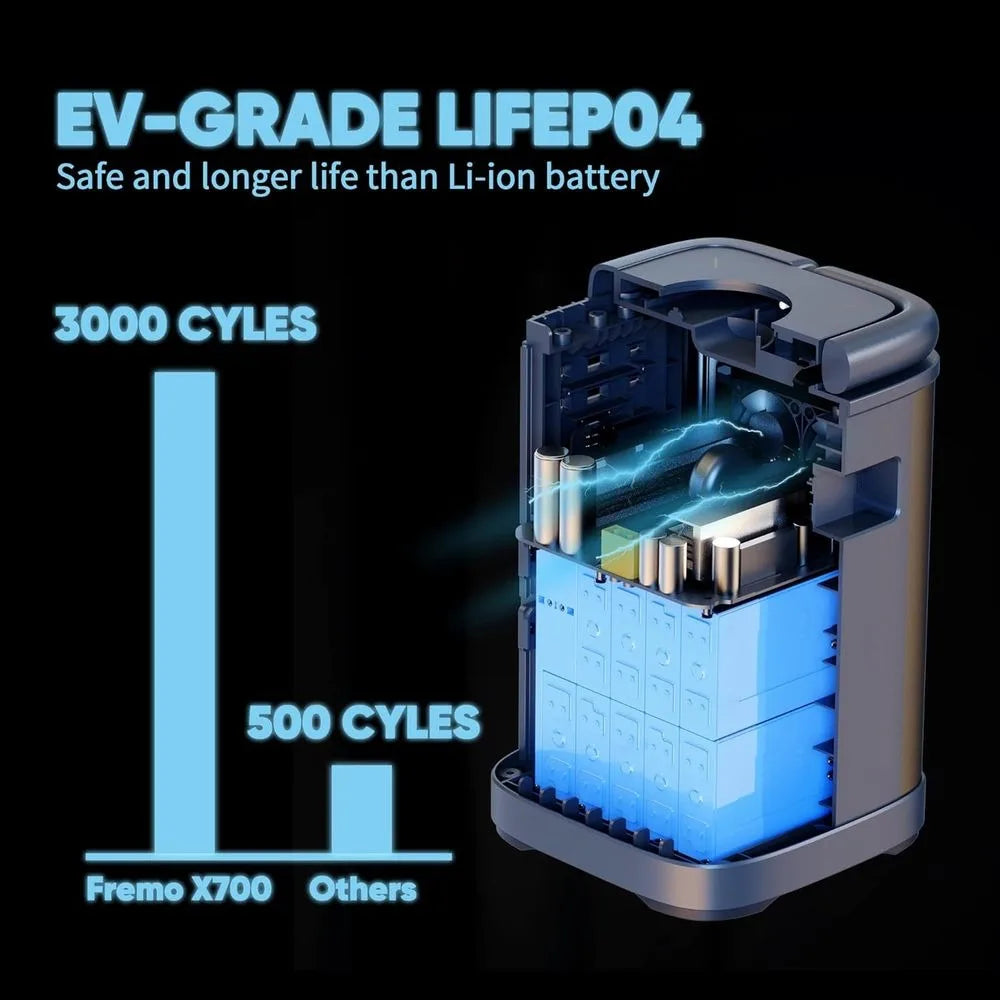 Portable Power Station X700,662Wh LiFePo4 Battery Solar Generator w/2 Upto 110V/1000W AC Outlet,DC 12V Car and USB Ports