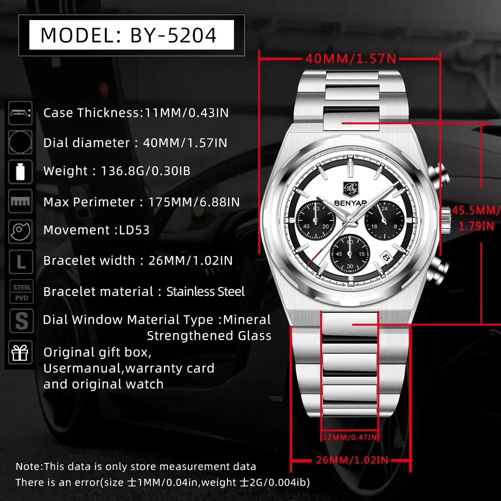 BENYAR New Quartz Automatic Date Chronograph Luminous Life Waterproof Luxury Men watch 40mm Dial Stainless Steel Strap Man watch