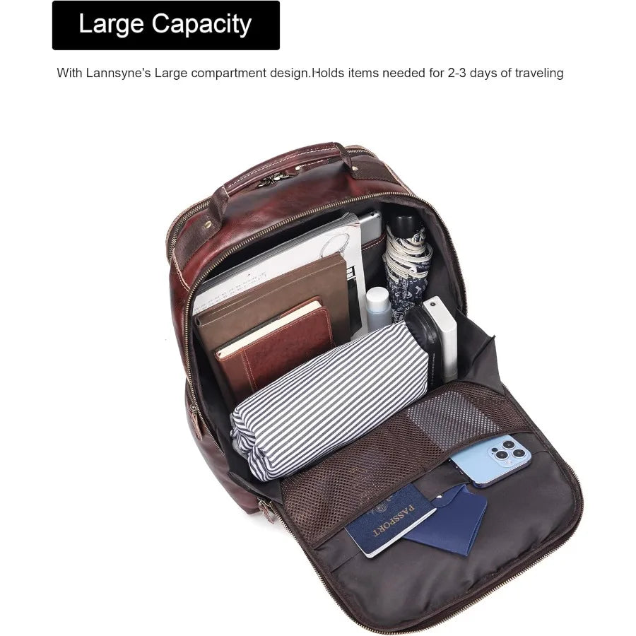 Vintage Full Grain Leather Backpack For Men 17.3'' Laptop Bag Causal Rucksack Shoulder Bag Overnight For Business/Hiking/Travel
