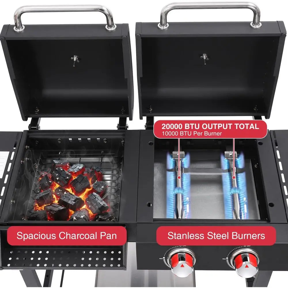 Charcoal and 2-Burner Propane Gas Combo Grill with Stainless Steel Griddle & Porcelain-enameled Cast Iron Grates, Dual Fuel BBQ