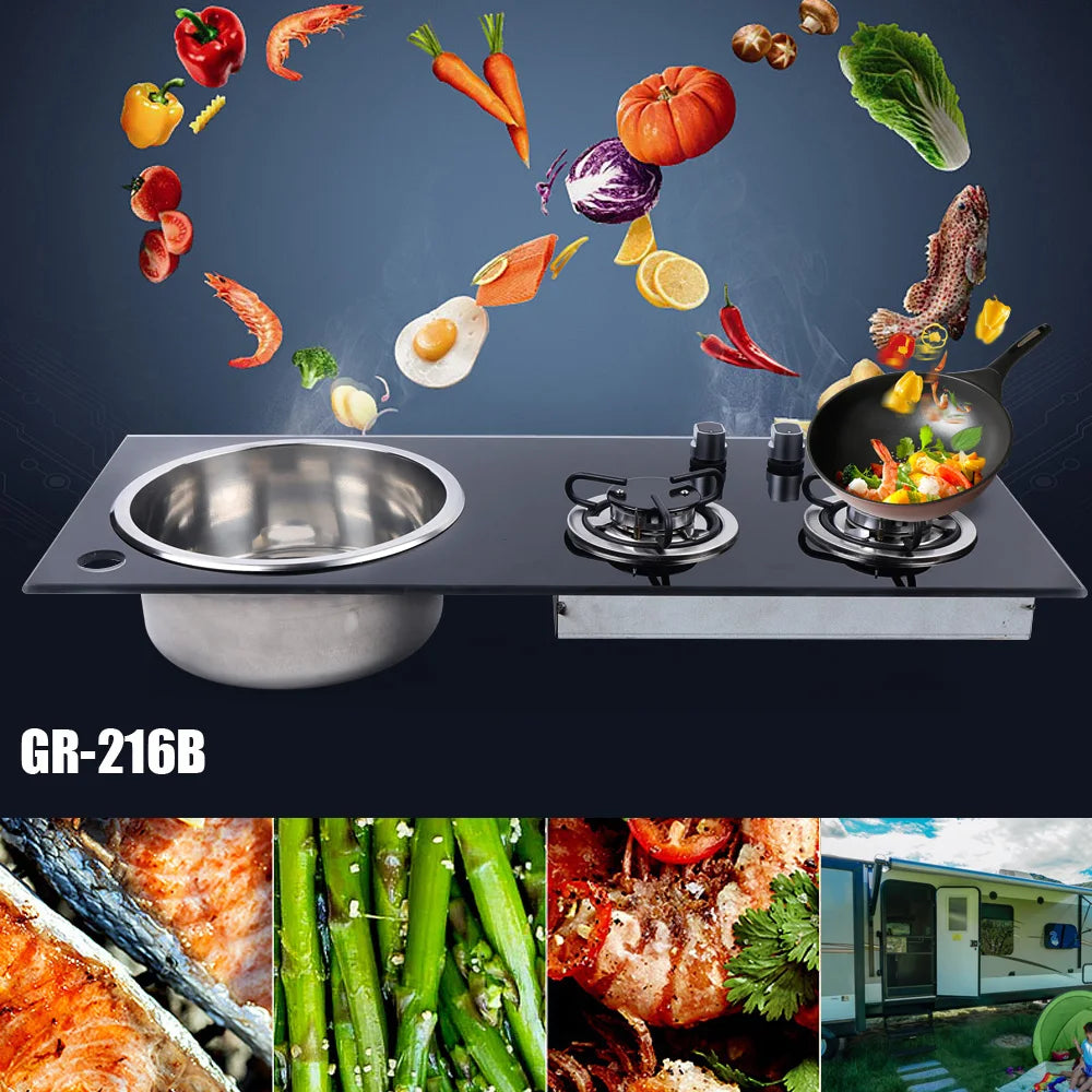 Boat Caravan RV Camper 2 Burner LPG Gas Stove Hob w/ Sink Combo Cooktop Tempered Glass Camping Outdoor Portable Dual Fuel Cooker