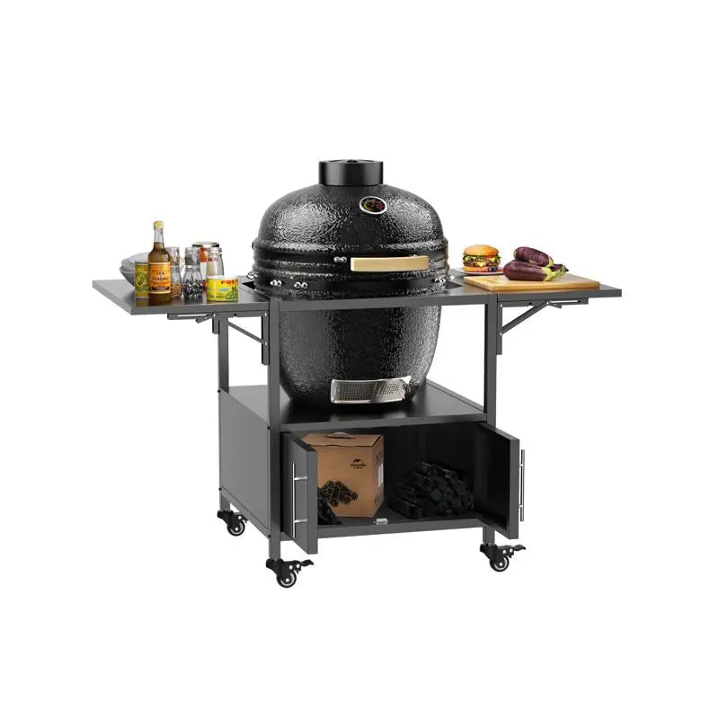 Outdoor Grill Table for Kamado BBQ, Metal Grill Cart with 2 Folding Panels, Fits Large Grills and Kamado Joe Jr, Perfect for